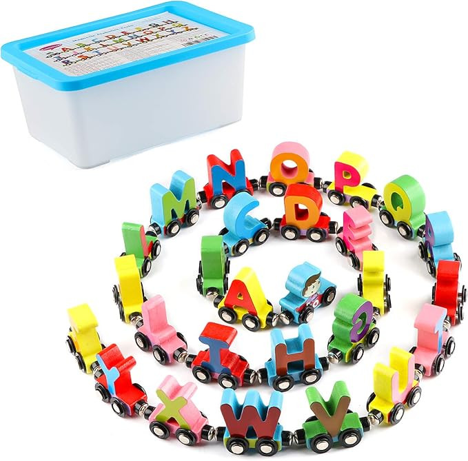 Wooden Alphabet Train Toy 27 PCS Wooden Magnetic Alphabet ABC Train Set Includes 1 Engine and 1 S... | Amazon (US)