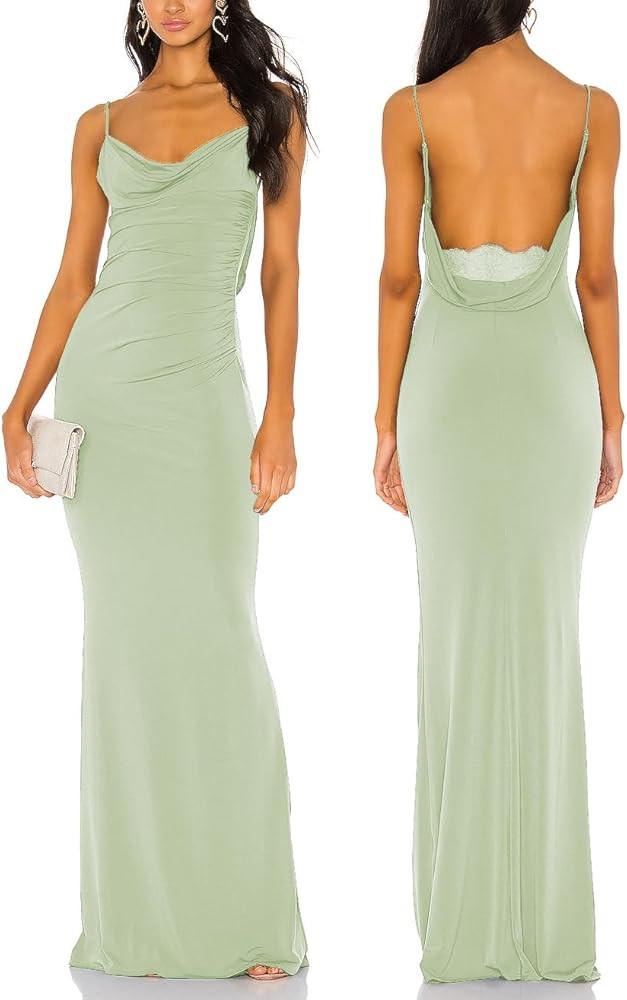 Aigeman Women Spaghetti Straps Mermaid Evening Gown Wedding Guest Dress Drape Neck Lace Backless ... | Amazon (US)
