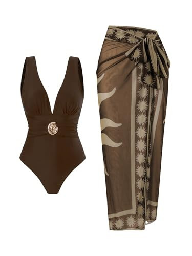 SherryDC One Piece Swimsuit with Cover up Wrap Skirt Sarong Floral Print Plunge V Neck Bathing Suit for Women | Amazon (US)