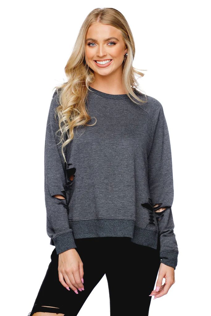 BuddyLove Denise Distressed Long Sleeve Lounge Sweater - Charcoal | BuddyLove