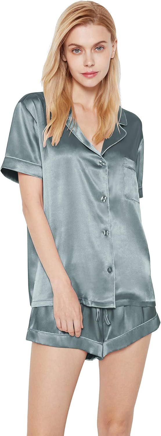 SIORO Women Pajamas Sets Satin Short Sleeve Silk Pajamas for Women, Button Down Sleepwear Soft Pj... | Amazon (US)