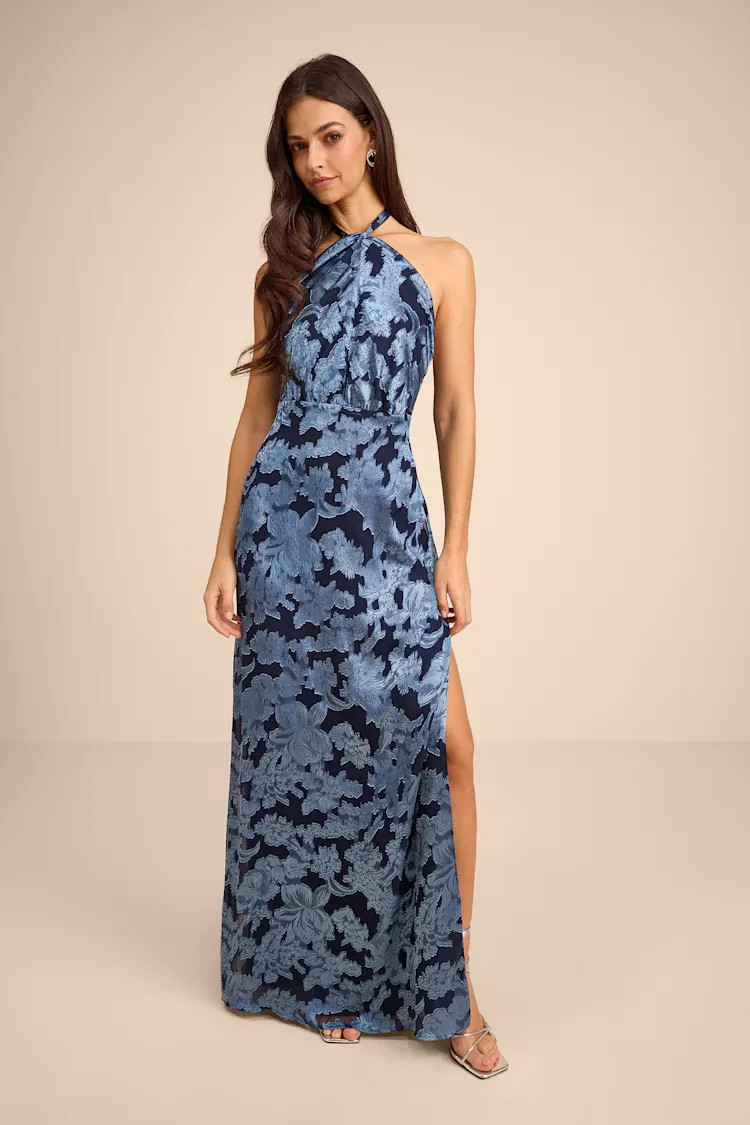 Indra Navy Floral Burnout Backless Maxi Dress | prom dresses | prom dress  | Lulus