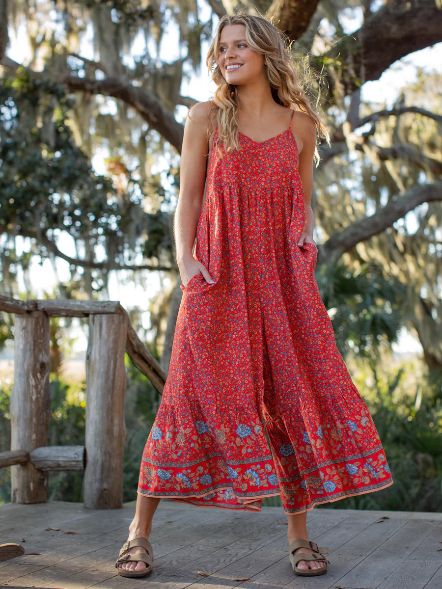 Jamie V-Neck Jumpsuit - Red Floral Border | Natural Life