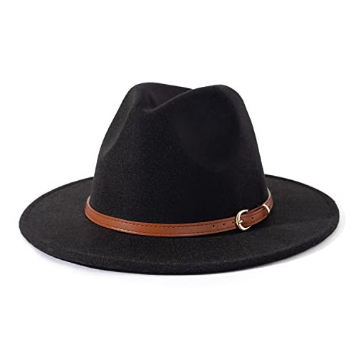 Lisianthus Women Classic Felt Fedora Wide Brim Hat with Belt Buckle Brown Belt-Black | Amazon (US)