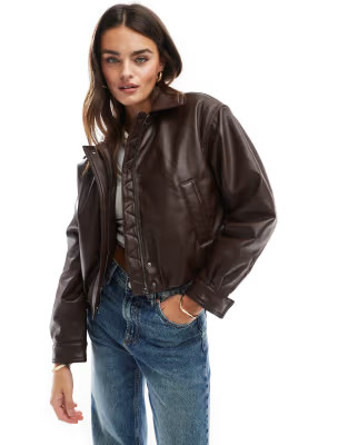 ASOS DESIGN clean leather look bomber jacket in chocolate | ASOS (Global)