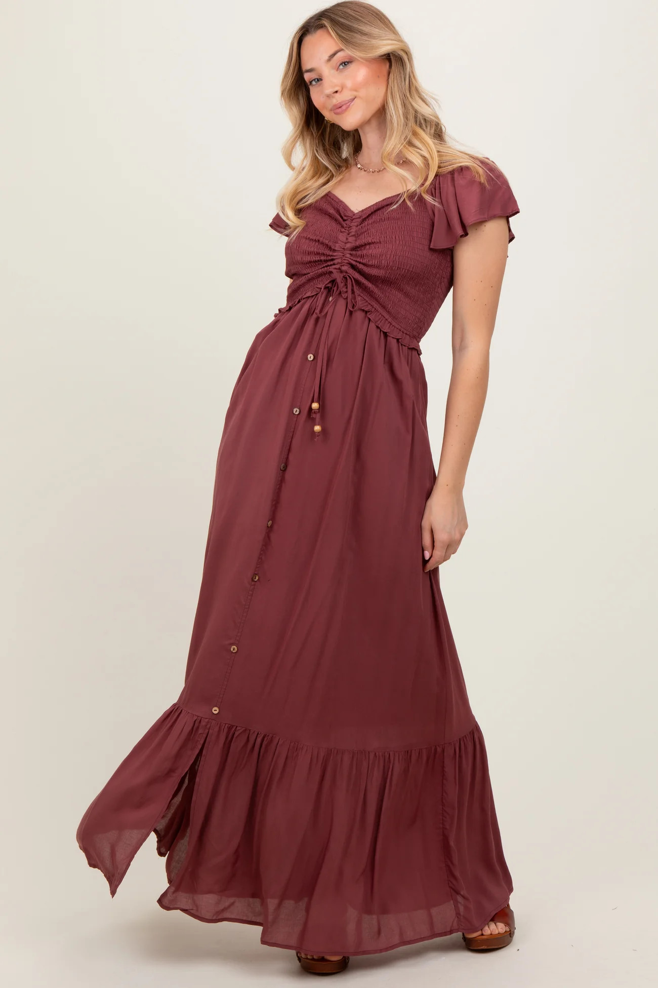 Burgundy Smocked Top Woven Maxi Dress | PinkBlush Maternity