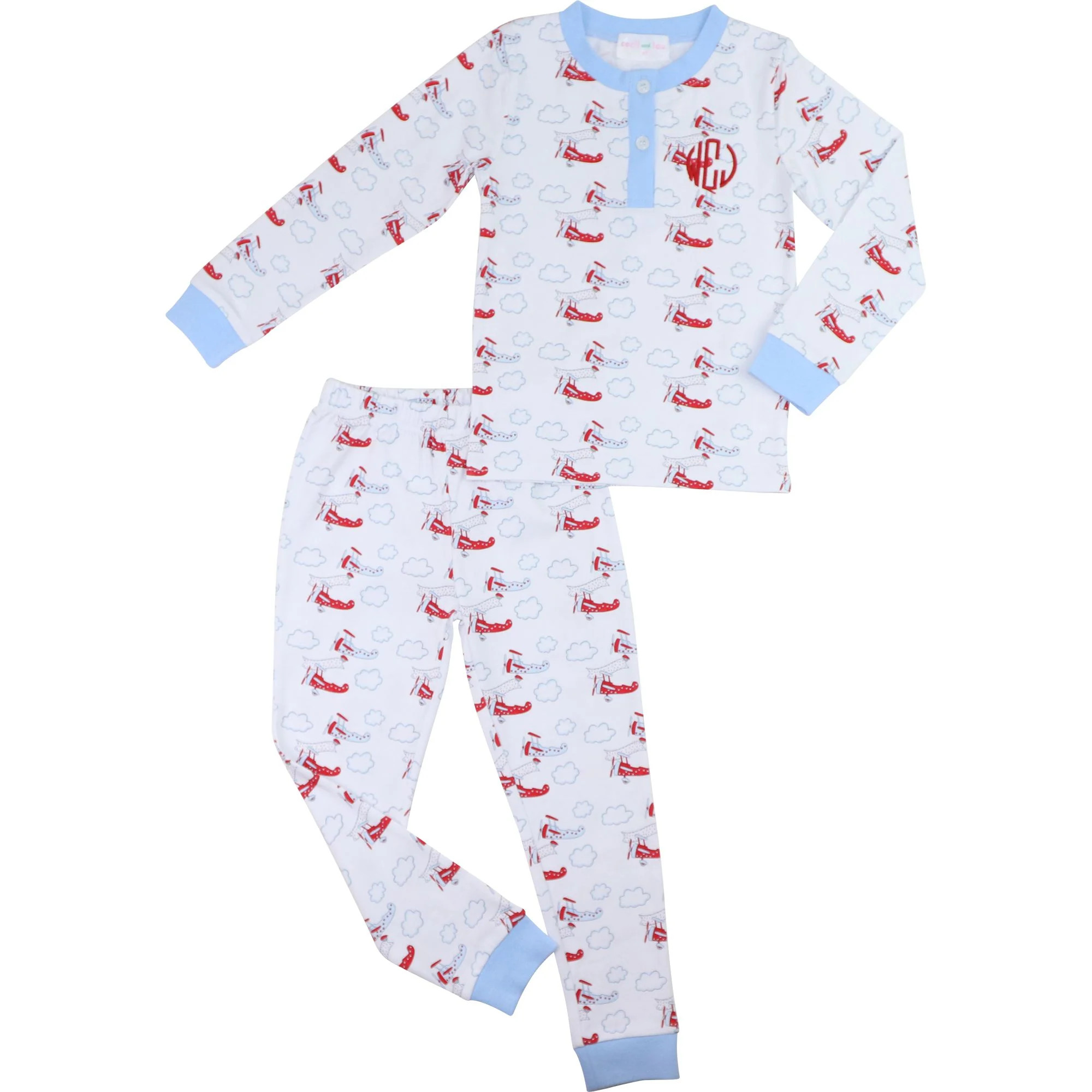 Blue And Red Valentine Airplane Knit Pajamas | Cecil and Lou