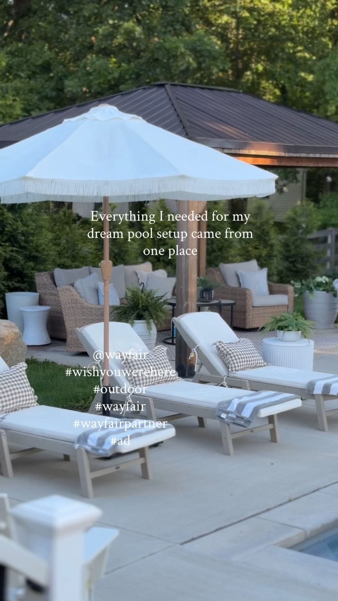 #ad Summer is so much more enjoyable when your backyard feels like a place you want to spend time in.

I wanted my pool area to feel cozy and relaxing, and I found everything I needed in one place @wayfair—from the scalloped umbrella and comfy lounge chairs to smart storage for towels and a cooler that doubles as a side table.

It's amazing how a few thoughtful pieces can completely transform your outdoor space into your favorite "vacation" destination.

Which piece would you add to your backyard first?

@wayfair, #wishyouwerehere, #outdoor, #Wayfair, #WayfairPartner.