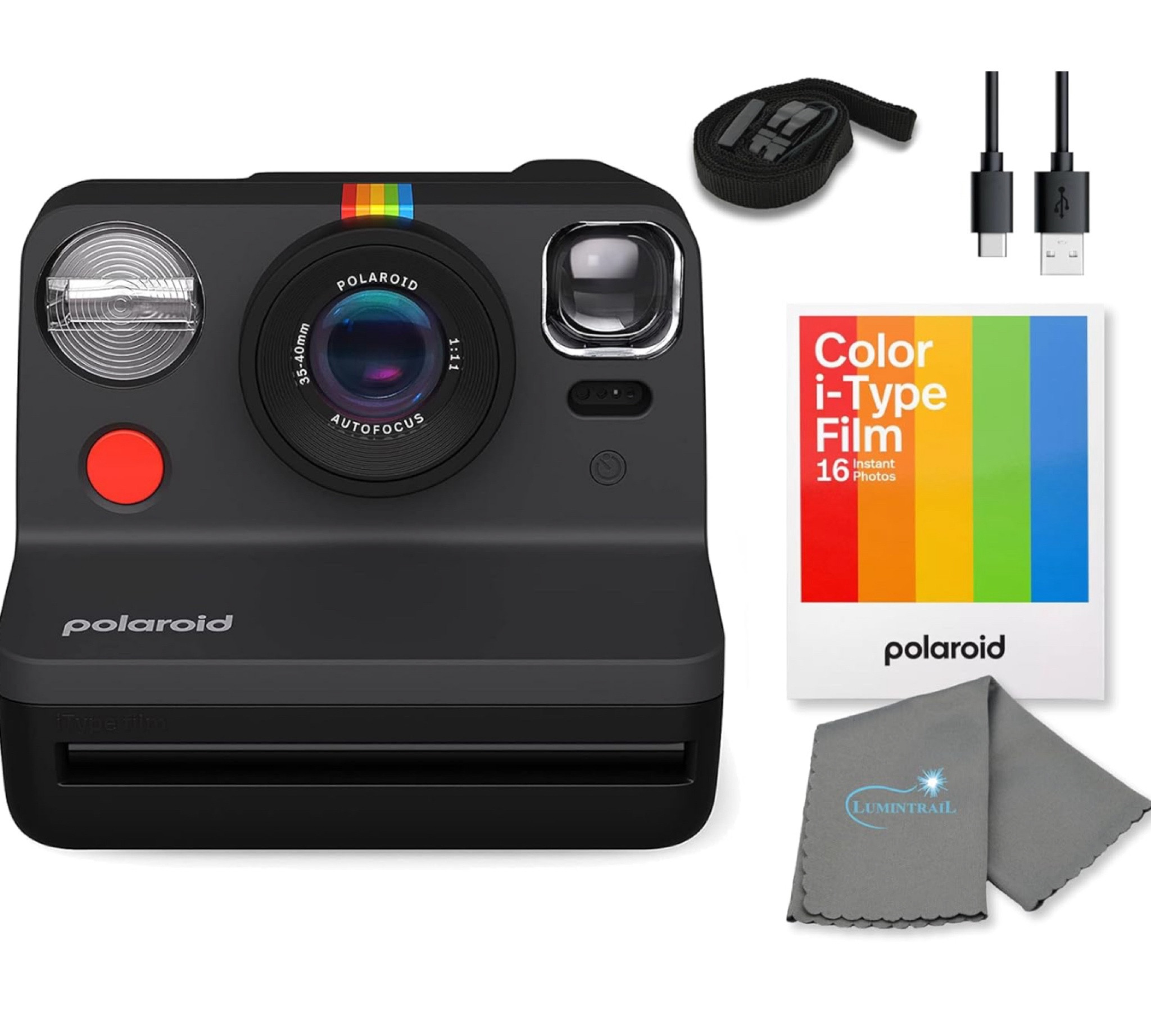 Polaroid Gen 2 Now I-Type Instant Film Camera - Black Bundle with a Color i-Type Film Pack (8 Instant Photos) and a Lumintrail Cleaning Cloth
