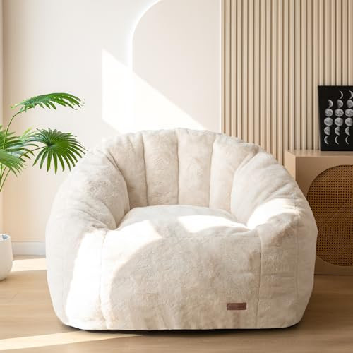 MAXYOYO Giant Bean Bag Chair, Oversized Bean Bag Couch for Adults and Kids, Faux Fur Shell-Shaped Large Chair with Filler, Stuffed Big Accent Sofa Lounge Floor Sofa for Gaming, Reading, Beige | Amazon (US)