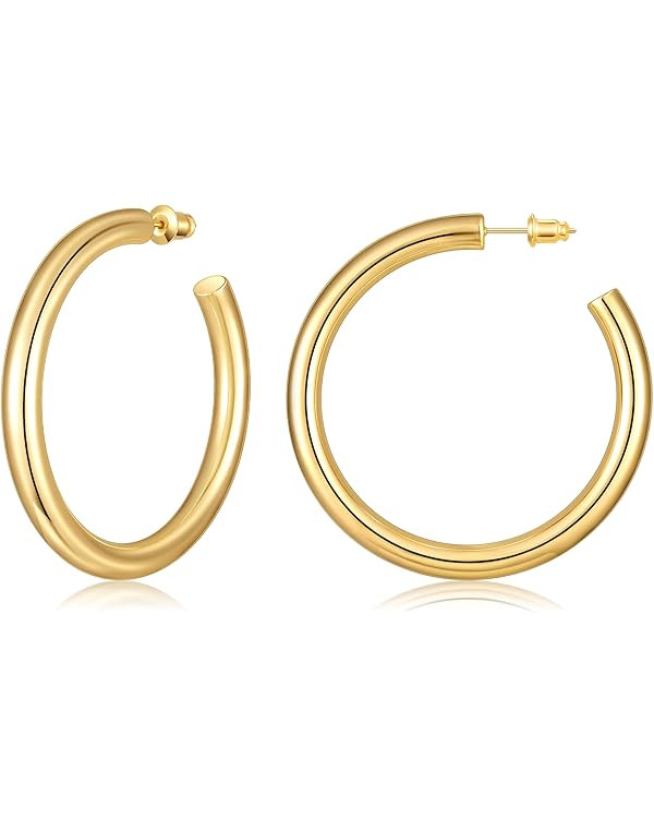 Gacimy Chunky Gold Hoop Earrings for Women 14K Real Gold Plated, 925 Sterling Silver Post Hoops f... | Amazon (US)