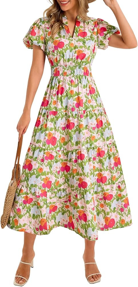 Wenrine Womens Summer Floral Maxi Dress Casual V Neck Puff Short Sleeve Smocked Loose Boho Beach ... | Amazon (US)