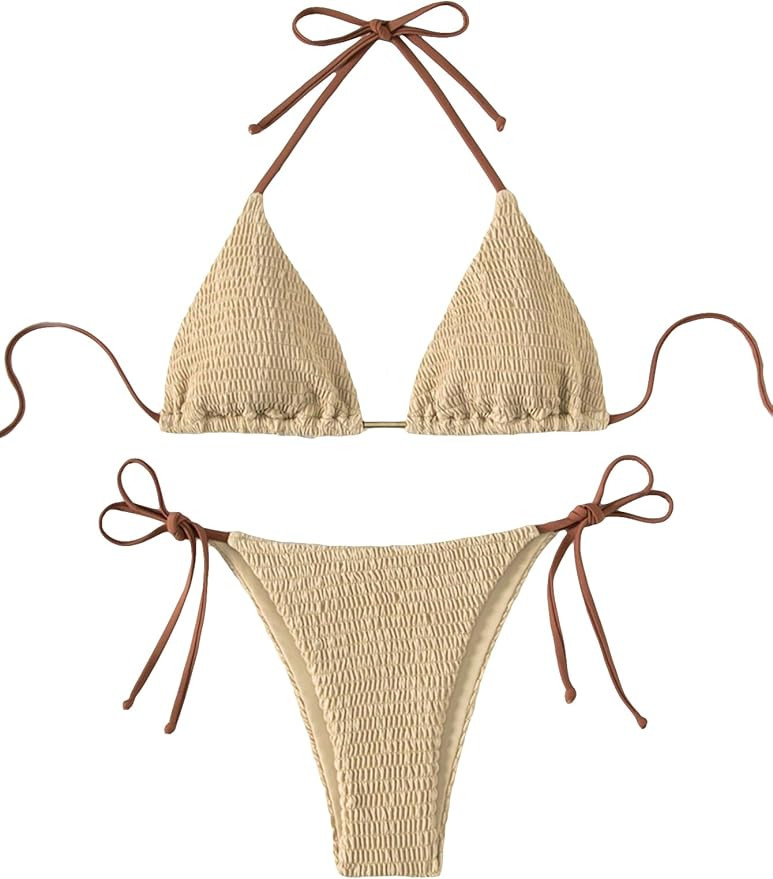 COZYEASE Women's 2 Piece Bikini Sets Smocked Halter Triangle Top Tie Side Bottom Swimsuit Bathing... | Amazon (US)