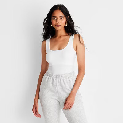 Women's Seamless Tank Bodysuit - A New Day™ White S: Slim Fit, Squareneck, Sleeveless, Crotch Snap | Target