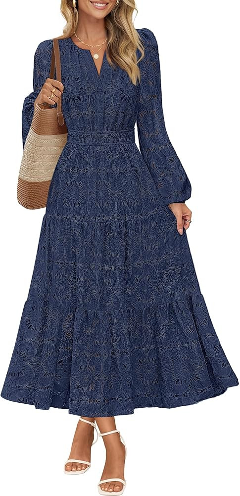 MEROKEETY Women's Fall Long Sleeve Floral Maxi Dress V Neck Lace Eyelet Hollow Out Tiered Dresses... | Amazon (US)