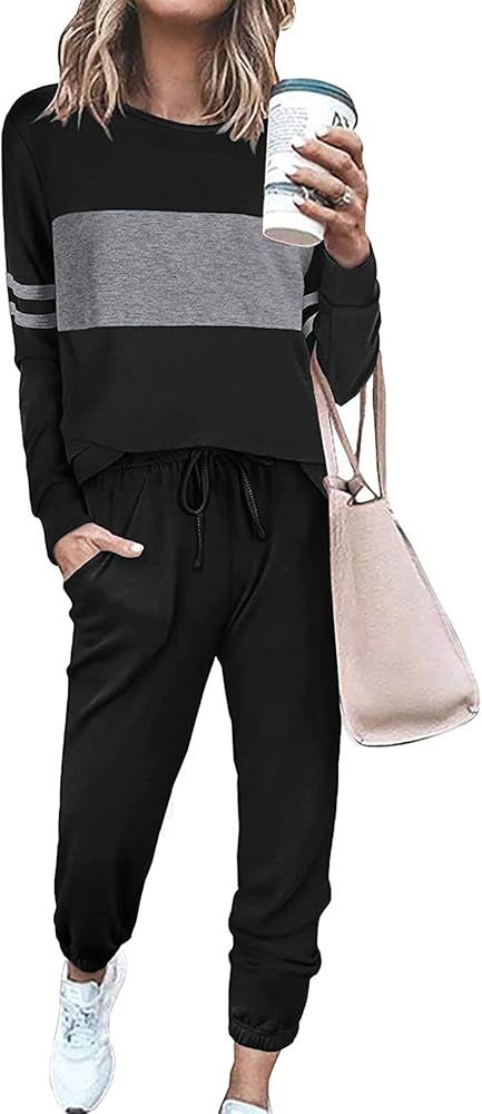 PRETTYGARDEN Women's Color Block 2 Piece Tracksuit Crewneck Long Sleeve Tops Long Sweatpants Outf... | Amazon (US)