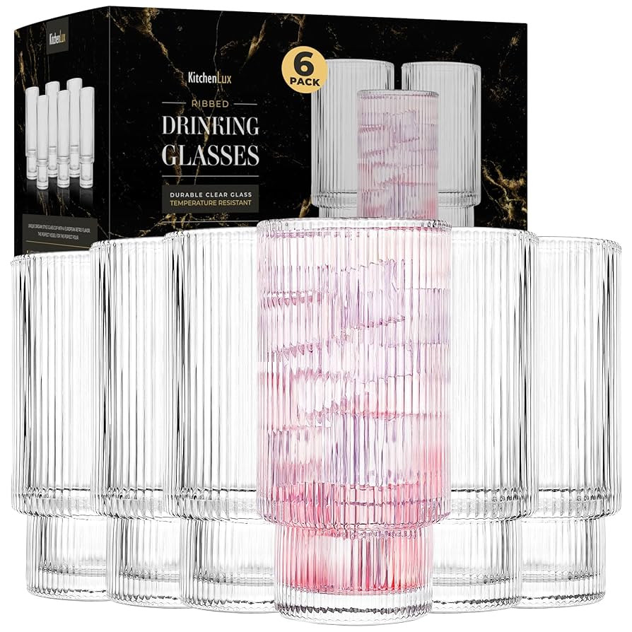 Ribbed Drinking Glasses - Ribbed Glass Cups 12 oz - Ribbed Glassware Set of 6 - Textured Vintage ... | Amazon (US)