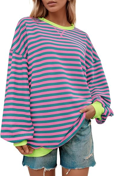 JTAISC Women Crewneck Oversized Sweatshirt Striped Color Block Tops Long Sleeve Shirt Casual Loos... | Amazon (CA)
