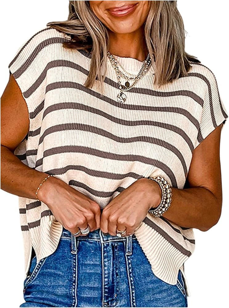 Verdusa Short Sleeve Sweater for Women Casual Striped Fall Sweaters Crew Neck Knit Tops | Amazon (US)