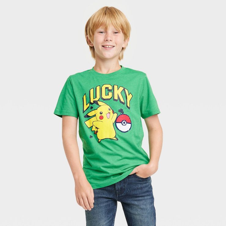 Boys' Pokémon 'Lucky Flip' St. Patrick's Short Sleeve Graphic T-Shirt - Heather Green | Target