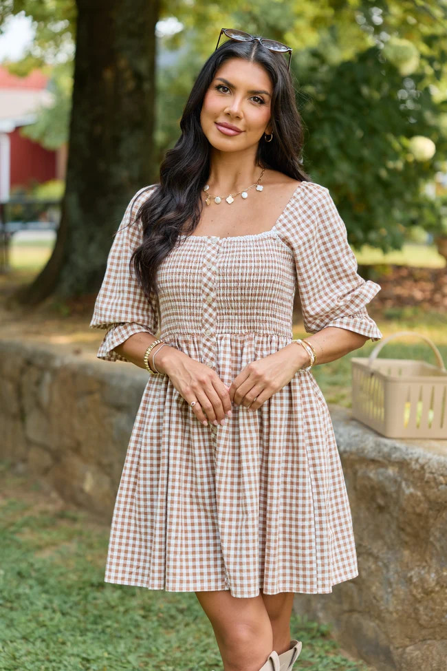 Tailored Grace Brown Gingham Mini Dress | Pink Lily