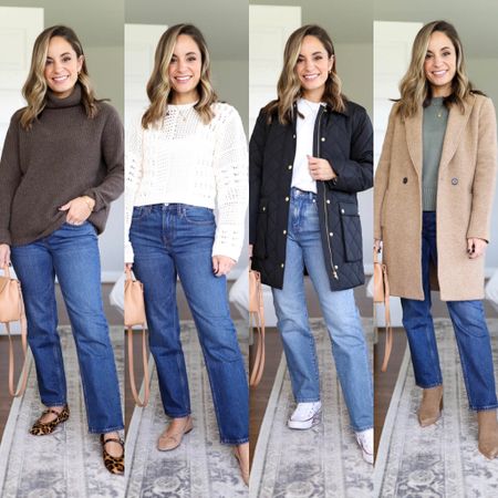 Capsule Series: straight jeans shoe pairings 

Dark wash jeans: mid-rise ‘90s jeans in 24 extra short (tts) in “dark” 
Light wash jeans: Madewell ‘90s jeans in enmore wash in 24 petite (tts) 

Brown sweater: xs 
White crochet sweater: xxs 
White sweatshirt: xs 
Black coat: petite 0 
Brown coat: petite 00/xxs 
Green sweater xs 

All shoes are true to size, boots linked are similar options 

Bag: polene un nano in textured tan 

#LTKSeasonal #LTKstyletip #LTKSale