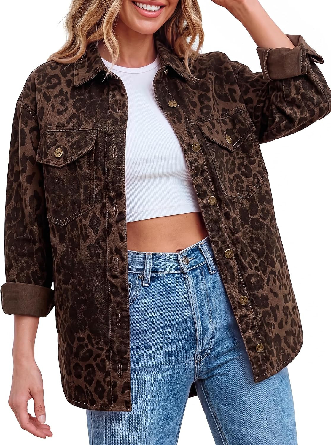 GRAPENT Women's Leopard Jean Jacket Oversized Cheetah Print Denim Shacket | Amazon (US)