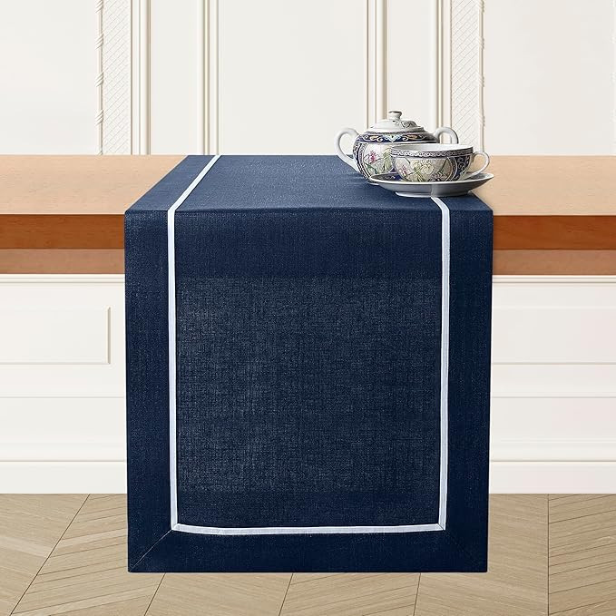 D'Moksha Homes Navy Blue Table Runner with White Trim 14 x 120 Inch - 100% Pure Linen Table Runne... | Amazon (US)
