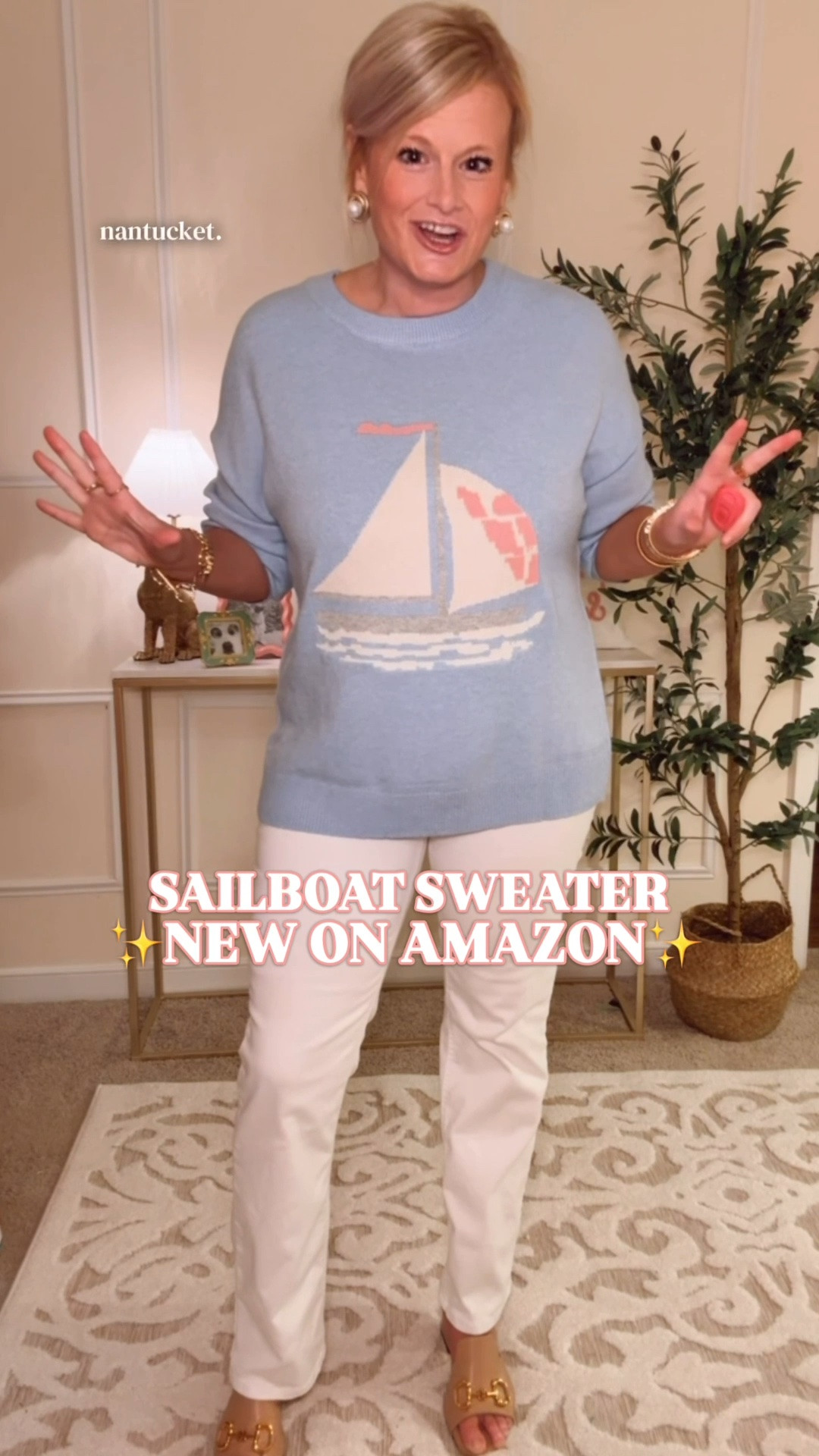 Nantucket sweater | sailboat sweater | Amazon sweater | coastal preppy style | fall transition outfit

Nantucket summer took a little detour through Charleston.

The sky blue knit, pink and white sailboat motif, classic crewneck, and relaxed fit give this that tiny seaside shop feeling, while the pastel color story adds a little Charleston, South Carolina charm.

I’m in a large for a cozy fit. Available in four sailboat colorways.

This is the sweater for late summer mornings, over air conditioned restaurants, ferry rides, boat dinners, beach town weekends, lake trips, and patio nights when you still want white denim and sandals but know the first cool morning is coming.

Wear it now with white jeans, white shorts, denim shorts, raffia sandals, pearl studs, gold hoops, and a canvas tote. Take it into fall with straight leg denim, loafers, ballet flats, navy shorts, a white button down underneath, or a barn jacket over top.

Nantucket sweater, Nantucket style, Nantucket outfit ideas, sailboat sweater, women’s sailboat sweater, nautical sweater, coastal sweater, coastal preppy style, New England style, New England preppy, Cape Cod style, Newport style, East Coast style, Charleston style, Charleston South Carolina outfit, coastal Carolina style, preppy sweater women, colorful preppy style, late summer outfit, fall transition outfit, early fall sweater, preppy fall outfit, white jeans outfit, nautical outfit, coastal outfit, beach town outfit, lake weekend outfit, travel outfit, Amazon sweater, Amazon sweaters for women, Amazon fashion finds, preppy Amazon finds, designer look for less

#LTKFindsUnder50 #AmazonFinds #PreppyStyle #CoastalStyle #NantucketStyle #FallTransition #LookForLess

#LTKSeasonal #LTKTravel #LTKootd