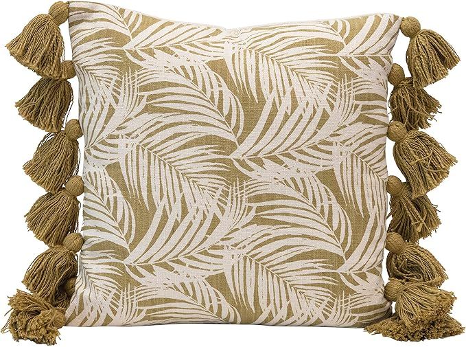Creative Co-Op Cotton Palm Frond Pattern & Tassels, Green & Natural Pillow | Amazon (US)