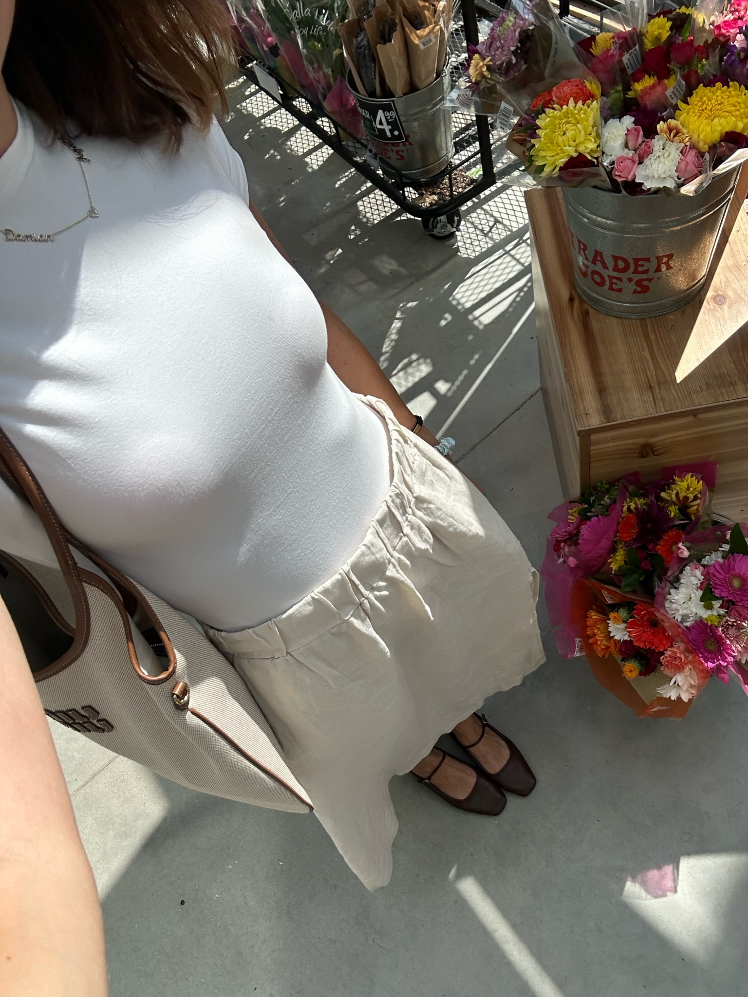 Summer outfit linen skirt white bodysuit ballet flats miu miu 