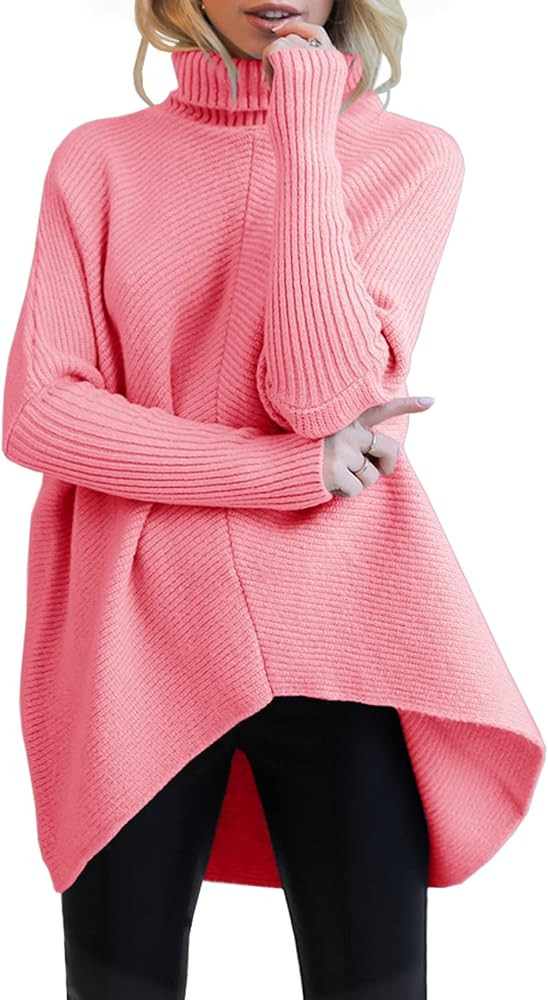Nulibenna Womens Turtleneck Long Batwing Sleeve Knit Sweater Asymmetric Hem Chunky Pullover Winte... | Amazon (US)