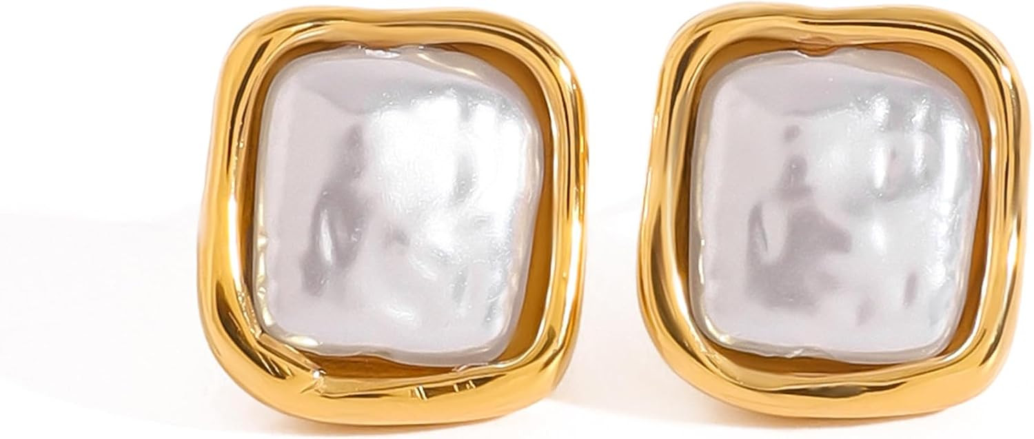 RAUCHBE Gold Pearl Earrings For Women Chunky Baroque Pearl Earrings Unique Square Earrings Trendy Jewelry | Amazon (US)