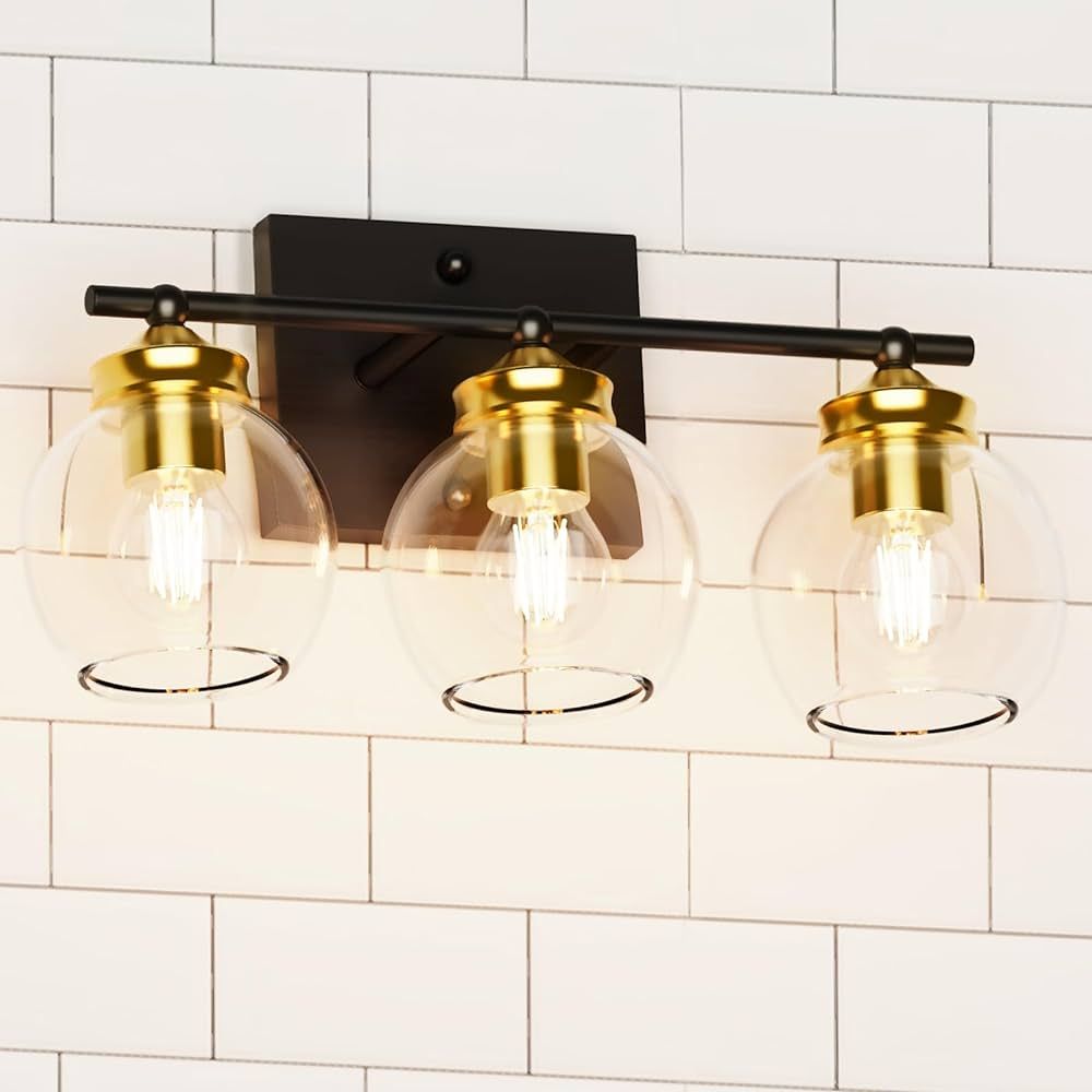 VOLISUN 3 Light Black and Gold Bathroom Light Fixtures, Bathroom Light Fixtures with Ball Glass S... | Amazon (US)