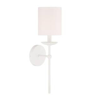 TUXEDO PARK LIGHTING 5 in. W x 18.5 in. H 1-Light White Wall Sconce with a White Linen Shade 9-36... | The Home Depot