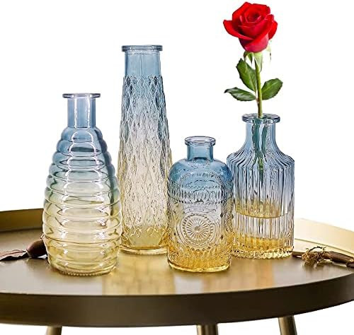 Baroque Bud Glass Vase Set of 4, Small Rustic Vintage Flower Bottle Vases Embossed Design Centerpiec | Amazon (US)