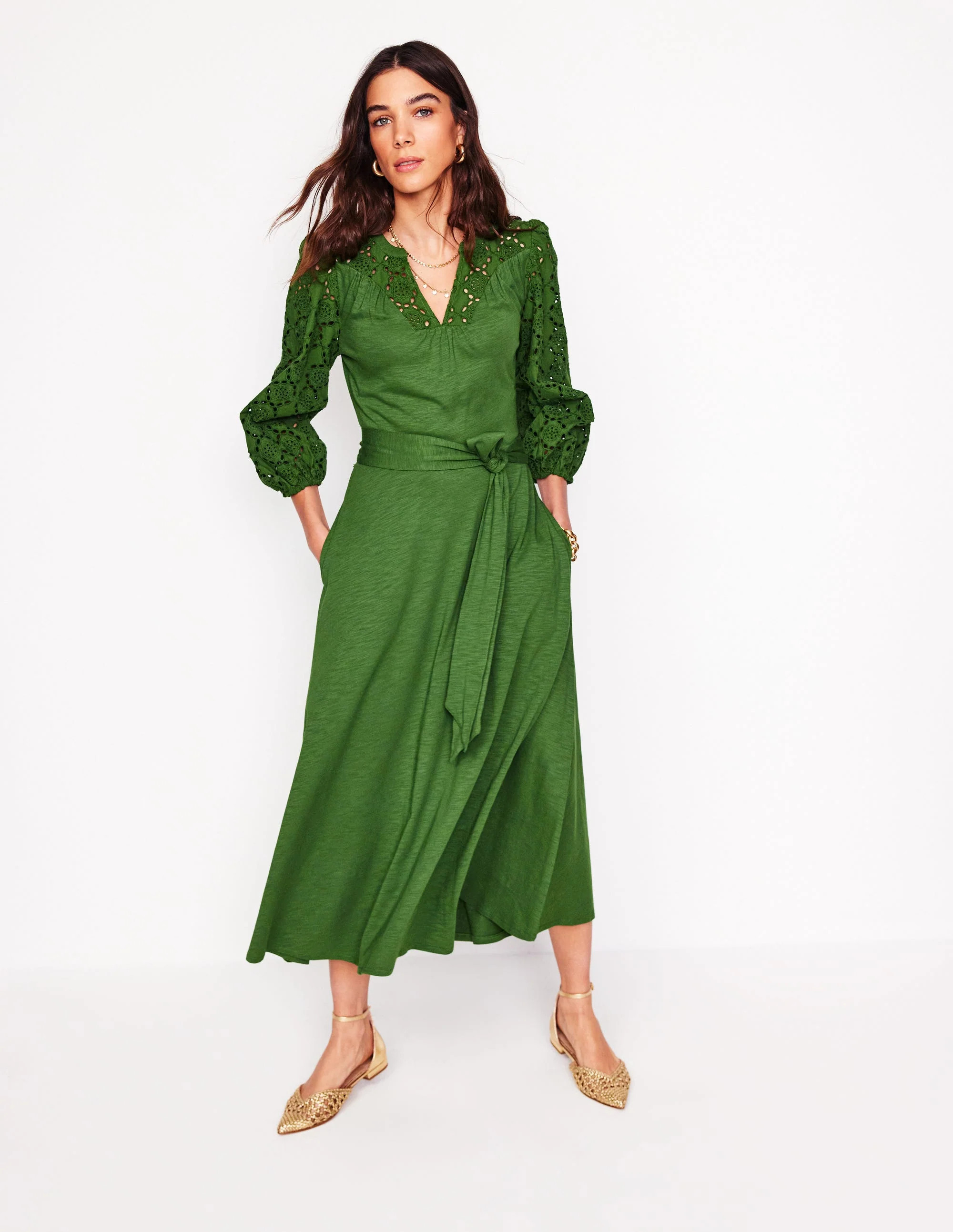 Eden Broderie Jersey Dress-Promenade Green | Boden (US)