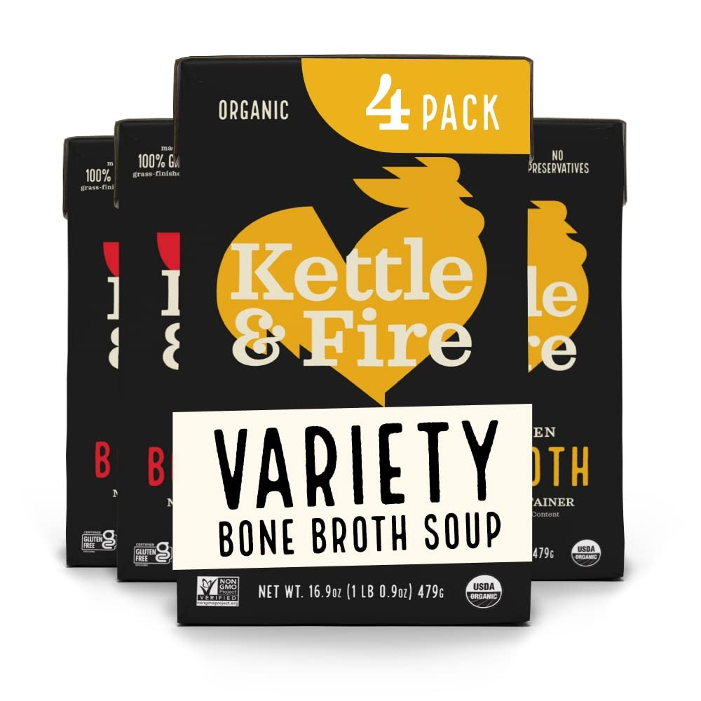 Kettle and Fire Classic Beef and Classic Chicken Beef Bone Broth Variety Pack, Keto, Paleo, and Whole 30 Approved, Gluten Free, High in Protein and Collagen, 4 Pack | Amazon (US)