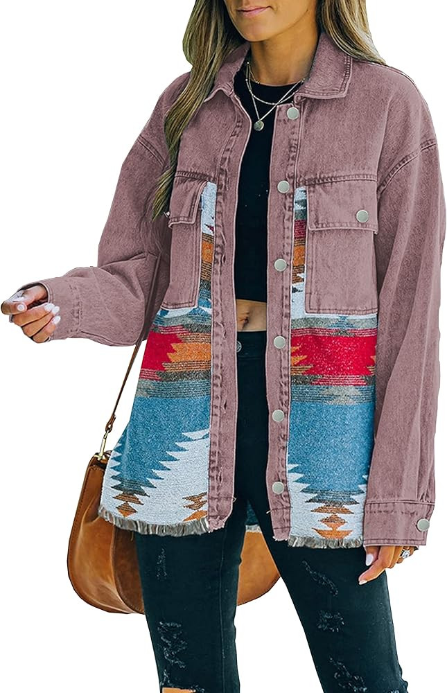 Lumister Women's Aztec Denim Jacket Distressed Lapel Long Sleeve Vintage Button Down Denim Jacket... | Amazon (US)