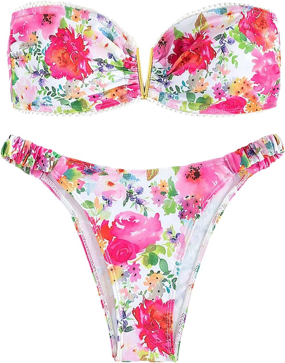 OYOANGLE Women's 2 Piece Bikini Swimsuits Floral Print V Wired Strapless Bandeau Bathing Suits Sw... | Amazon (US)