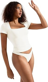 SUUKSESS Women Double Lined Fitted Basic Tee Square Neck Short Sleeve Y2K Crop Top | Amazon (US)