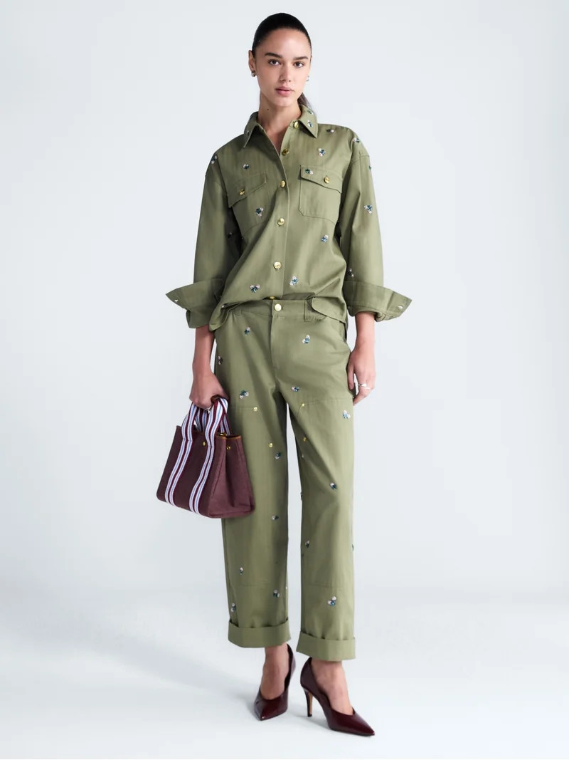 Free Assembly Women's Embellished Cotton Utility Shirt With Long Sleeves, Sizes XS-XXL | Walmart (US)