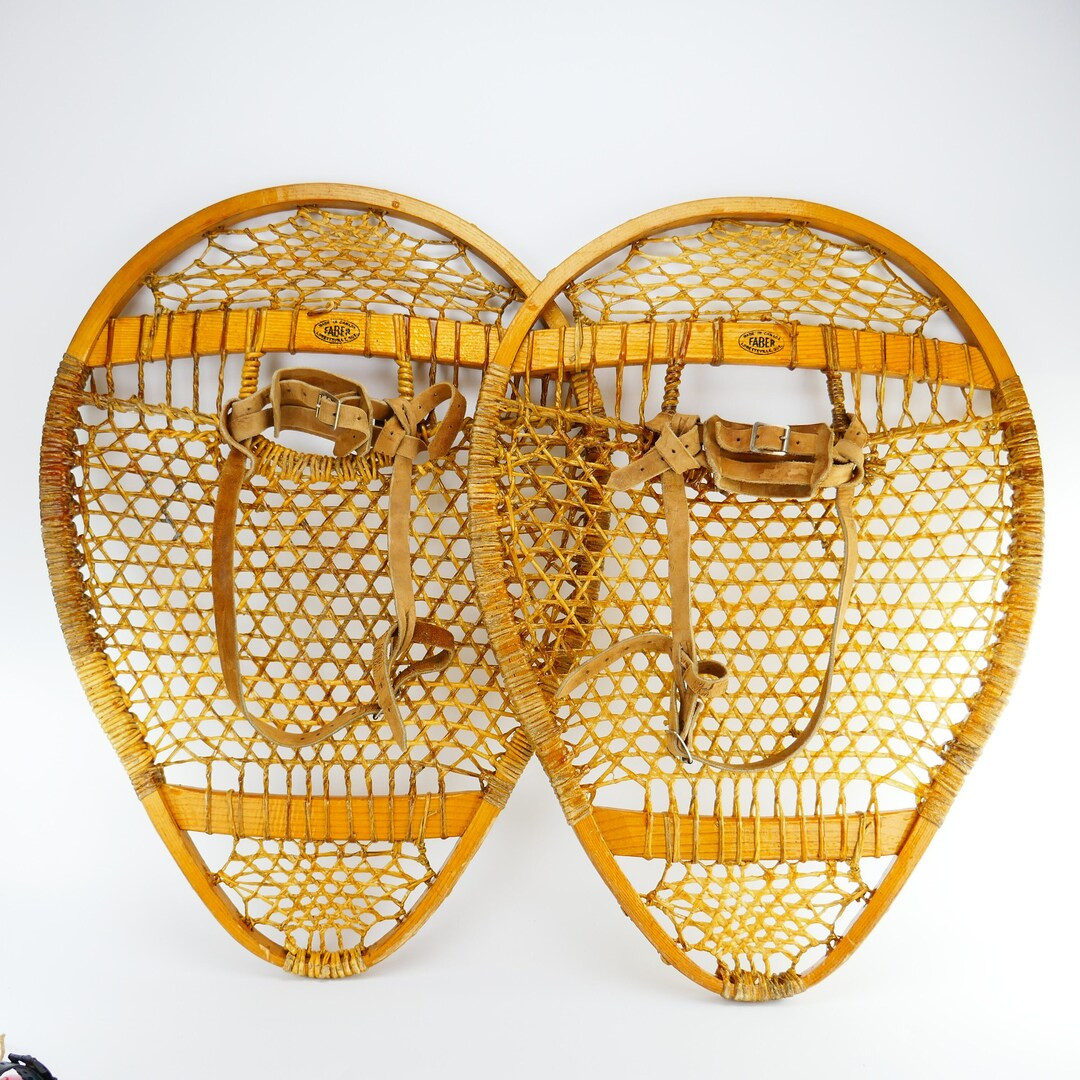 Antique Faber Bear Paw Wooden Snowshoes Leather Strap Babiche - Etsy | Etsy (US)