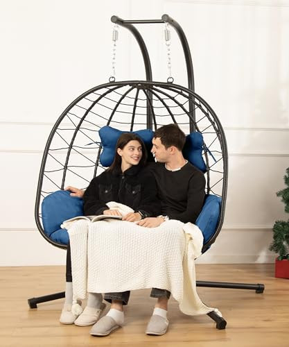 Double Egg Chair with Stand Hammock Swing Chair Foldable Hanging Loveseat, UV Resistant Removable Cushions, 700LBS Capacity for Bedroom, Balcony, Garden(BK-BL) | Amazon (US)