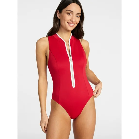 Time and Tru Women's and Women's Plus Size Zip Front Tank Rash Guard Swimsuit, Sizes XS-3X | Walmart (US)