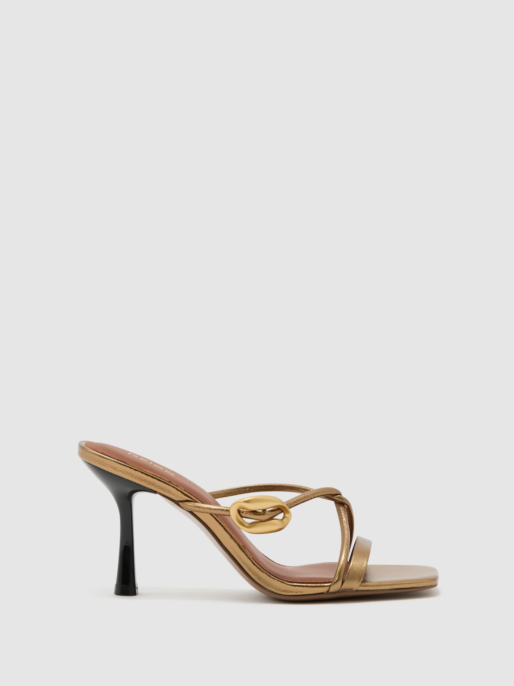 Reiss Leather Metallic Detail Heeled Sandals in Dark Gold - REISS | Reiss UK