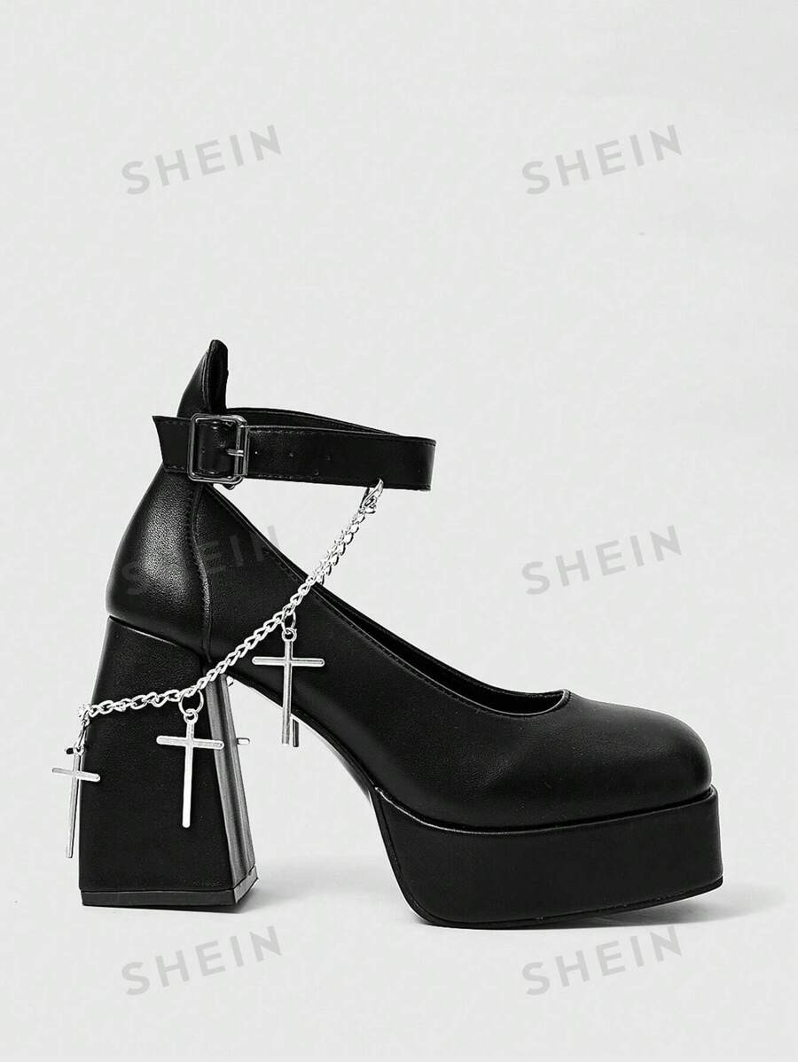 ROMWE Grunge Punk Women's Outdoor Fashion Cross Chain Buckle Platform High Heels, 2024 Spring/Aut... | SHEIN