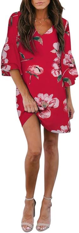 BELONGSCI Women's Dress Sweet & Cute V-Neck Bell Sleeve Shift Dress Mini Dress | Amazon (US)