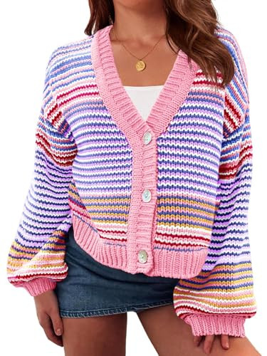 Saodimallsu Womens Striped Cardigan Sweaters Oversized Puff Sleeve Button Up V Neck Color Block Knit Sweater Coat Pink | Amazon (US)
