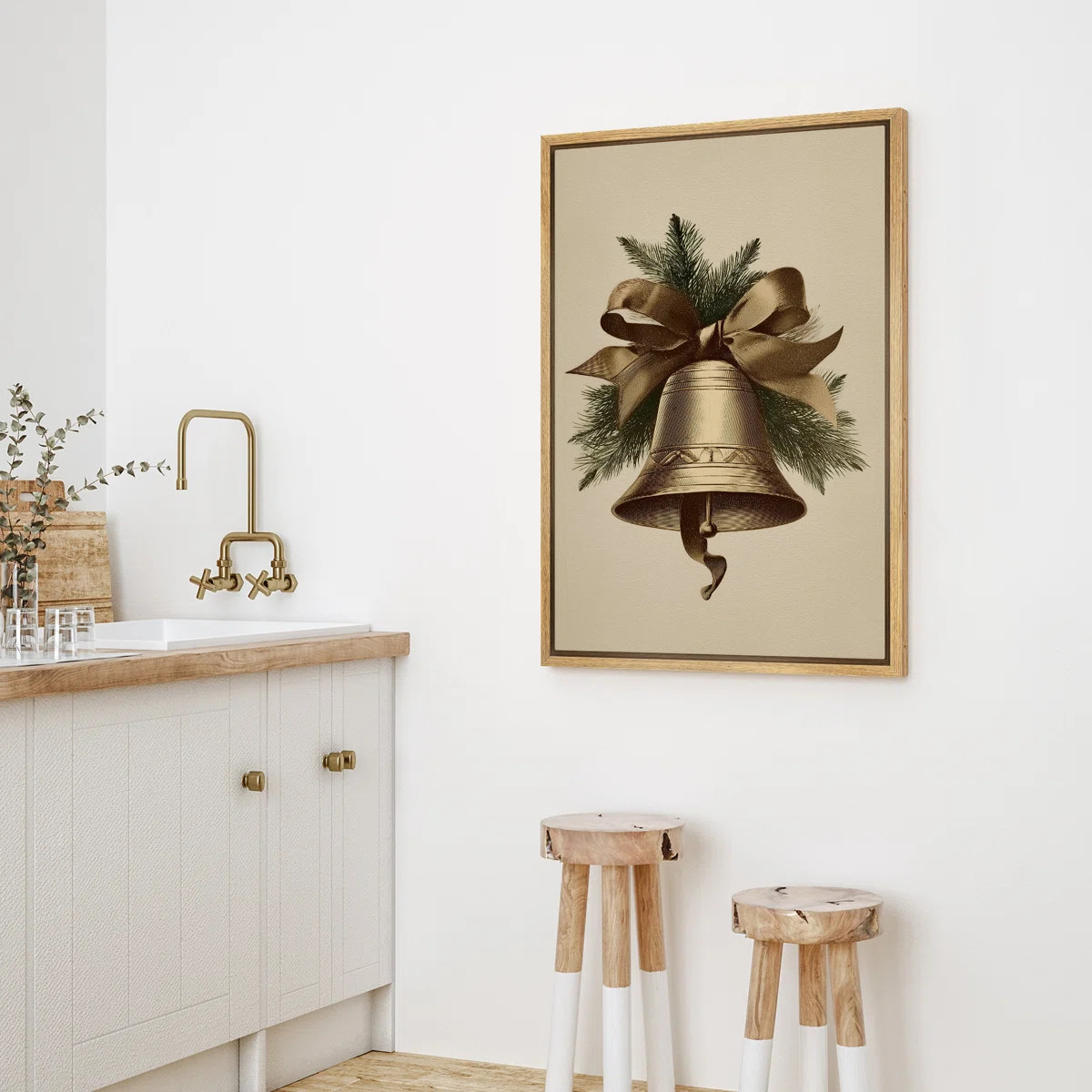 Vintage Christmas Bell with Ribbon and Pine Holiday Botanical Illustration Framed Canvas Master B... | Wayfair North America